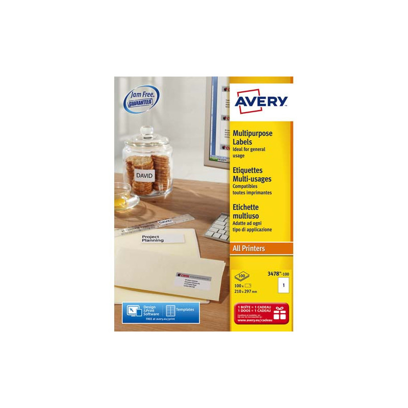 AVERY Boîte de 100 étiquettes Blanches multi-usages 210x297mm - pour Laser. Jet d'encre et copieur