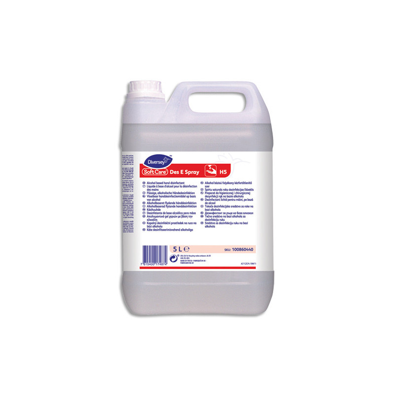 SOFT CARE Bidon de 5 litres de solution hydro-alcoolique, pour les mains, sans parfum, sans colorant