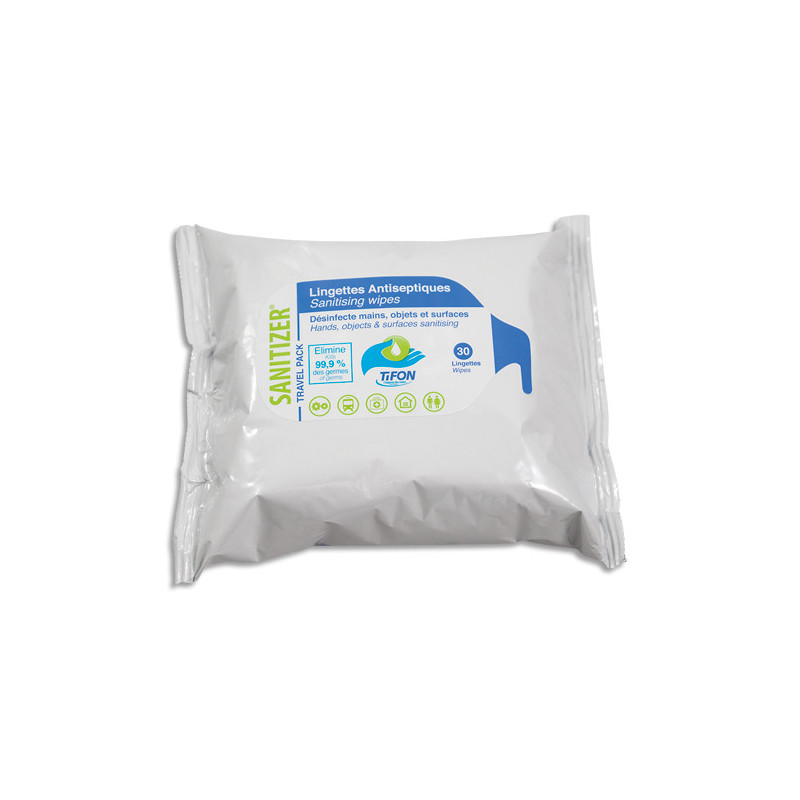 TIFON Paquet 30 lingettes humides 20x20cm pour désinfection des mains et surfaces, actif sur coronavirus