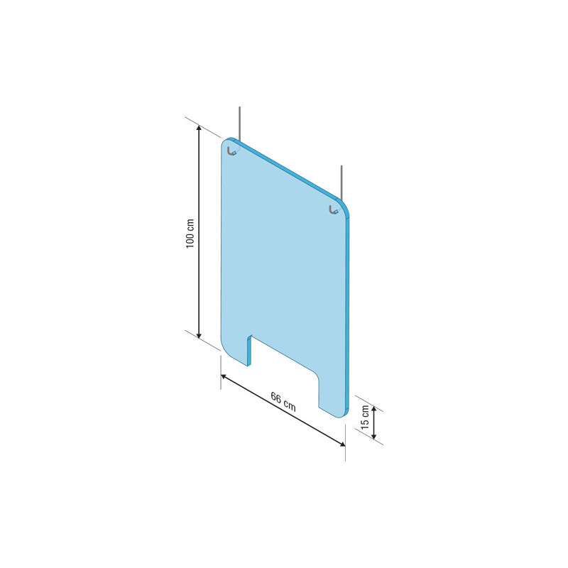 Vitre protection PMMA à suspendre. Kit de fixation et fenêtre ouverture 15cm.Dimensions 99x66cm