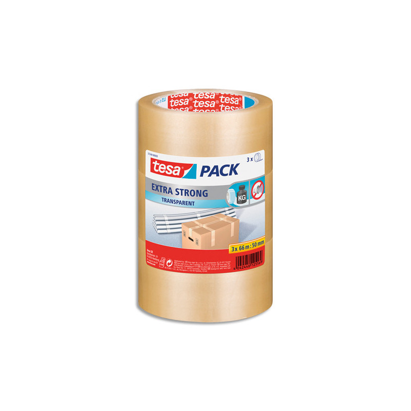 TESA Lot de 3 Adhésifs d'emballage Extra Strong en PVC, 52 microns - H50 mm x L66 mètres Transparent