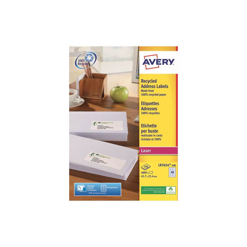 AVERY Boîte de 4000 étiquettes adresse Laser recyclées Blanc 45,7 x 25,4mm LR7654-100