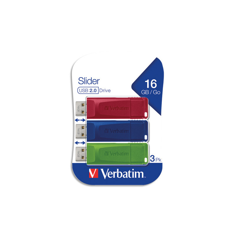 VERBATIM Pack de 3 clés USB 2.0 16Go Rouge/Bleue/Verte rétractable 49326