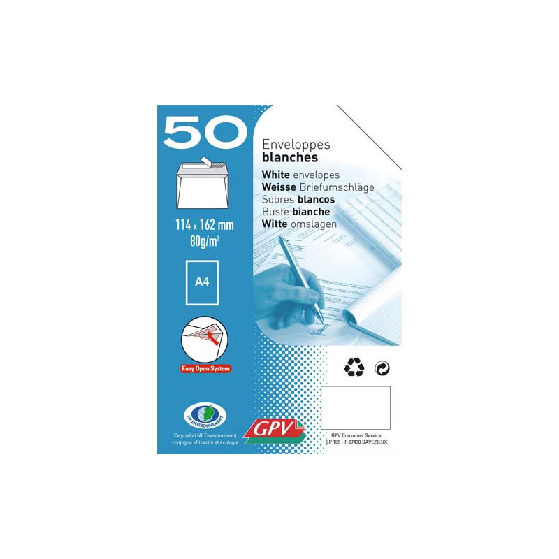 GPV Paquet de 50 enveloppes Blanches auto-adhésives 80 grammes format 114x162mm référence 515