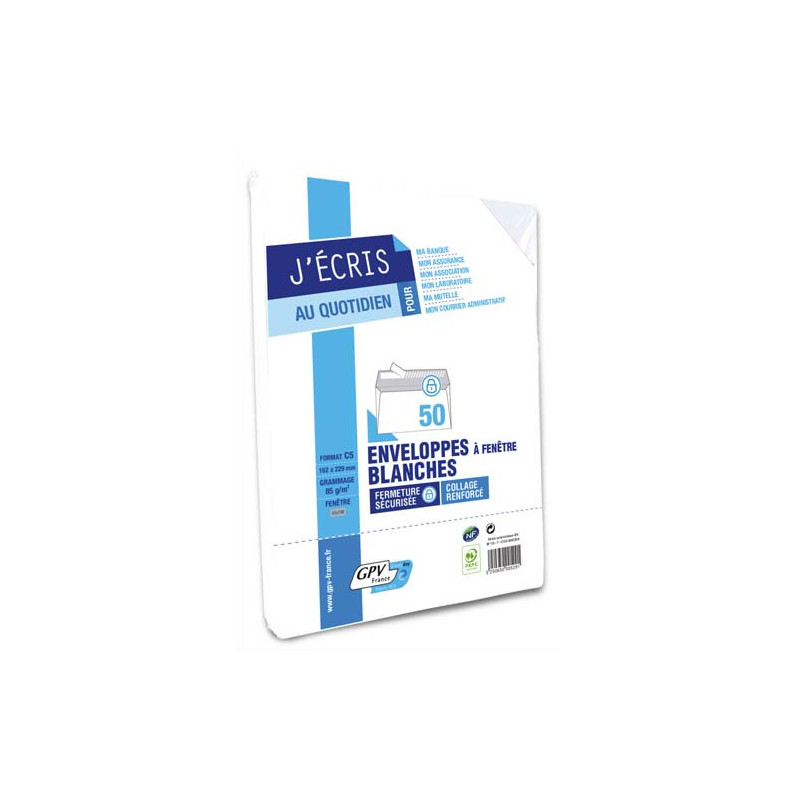 GPV Paquet de 50 enveloppes Blanches auto-adhésives 80 grammes format 162x229mm fenêtre 45x100 réf 529