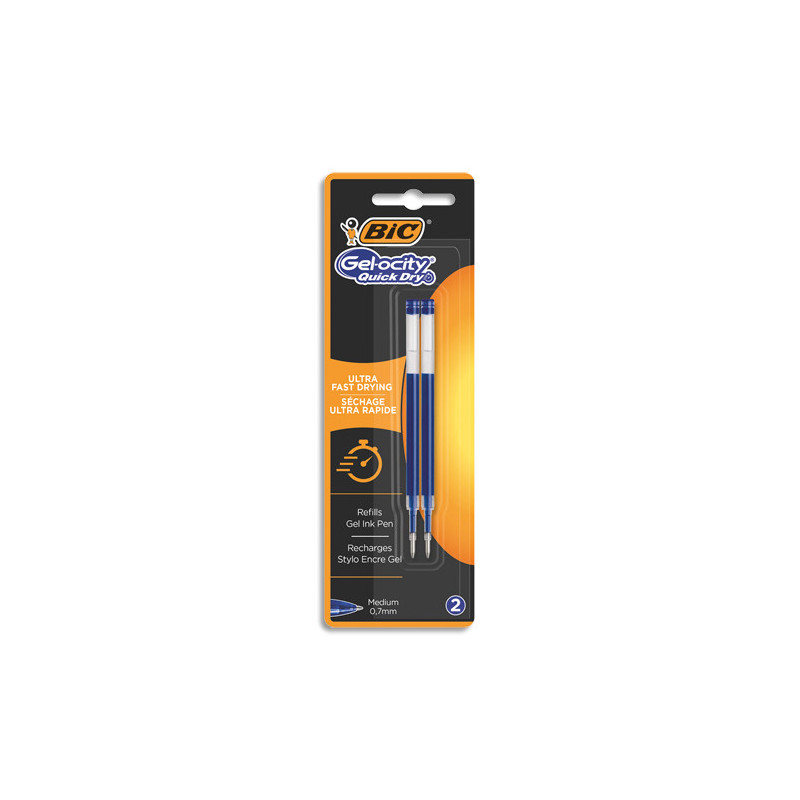 BIC Gel-ocity Quick Dry Recharges Stylo Gel Pointe Moyenne (0,7 mm) - Bleu, Blister de 2