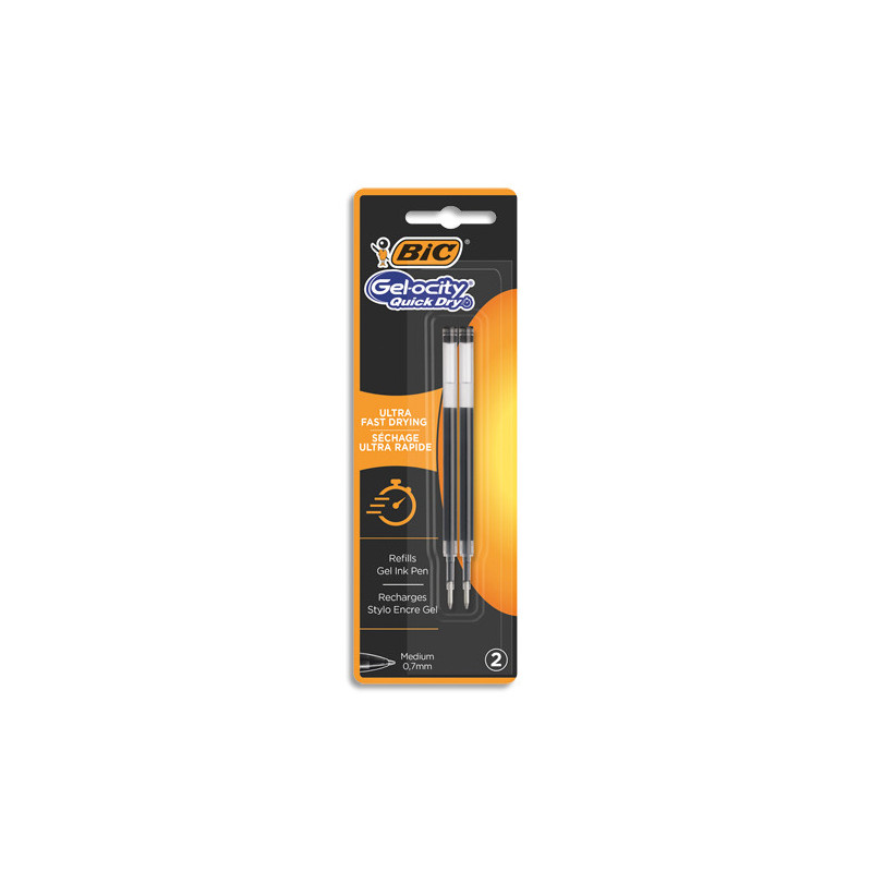 BIC Gel-ocity Quick Dry Recharges Stylo Gel Pointe Moyenne (0,7 mm) - Noir, Blister de 2