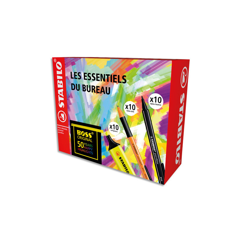 STABILO Les Essentiels du Bureau - 10 BOSS ORIGINAL Jaune fluo + 10 pointMax Noirs + 10 pointball Noirs