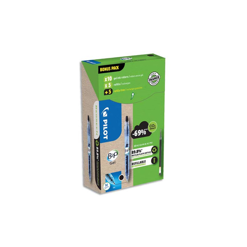 PILOT Pack promo de 10 stylos à pointes moyennes B2P Gel + 10 recharges à -50%. Coloris noir
