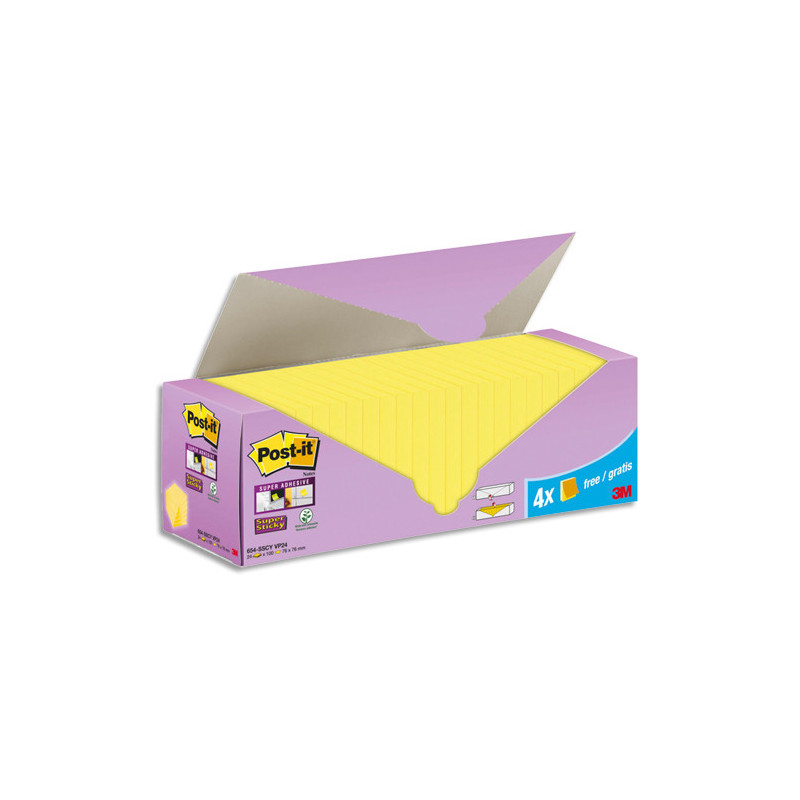 POST-IT Pack de 24 blocs notes Super Sticky Jaune 76 x 76 mm dont 4 offerts.