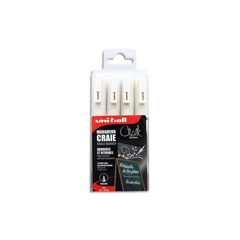 UNI-BALL Set de 4 marqueurs craie UNI CHALK MARKER. Pointe finie. Coloris : Blanc