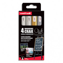 UNI-BALL Set de 4 marqueurs craie UNI CHALK MARKER. Pointe moyenne. Coloris : 2 Blanc, 1 argent, 1 or