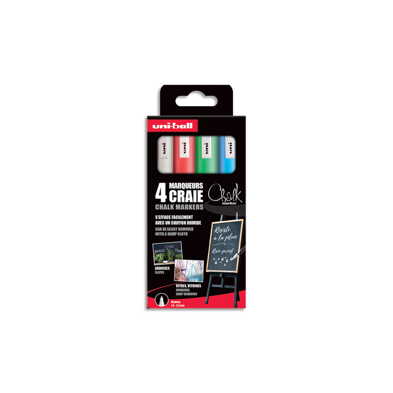 UNI-BALL Pochette 4 marqueurs craie CHALK. Pointe conique 1,8-2,5mm. Coloris Blanc,Vert Fluo,Rouge,Bleu