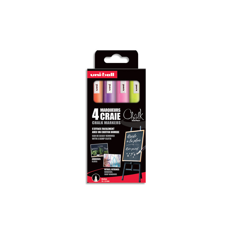 UNI-BALL Pochette 4 marqueurs craie CHALK. Pointe conique 1,8-2,5mm. Fluo : Jaune, Orange, Rose et violet