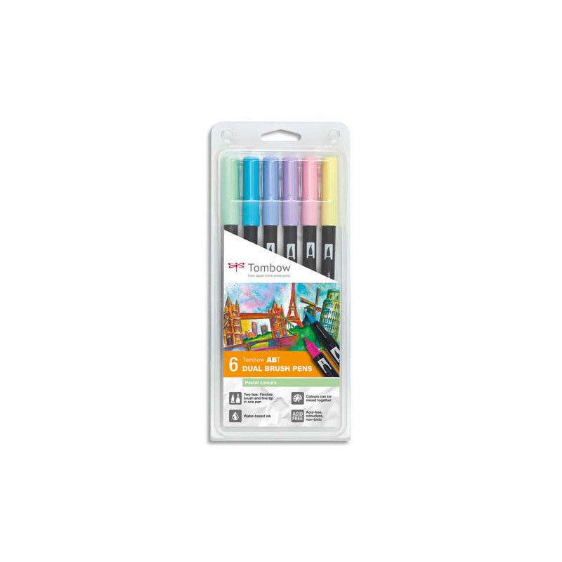TOMBOW Boîte 6 feutres ABT double pointe (pinceau+fine), assortis couleurs pastels