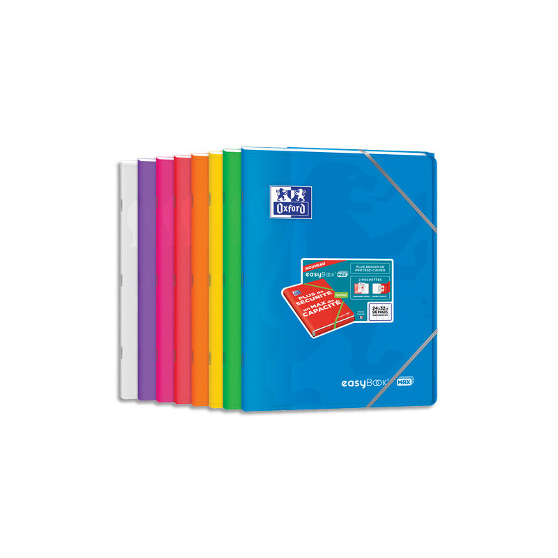 OXFORD Cahier easyBookMAX couverture PP élastique reliure piqûre 96 pages Seyès format 24x32cm. Assortis