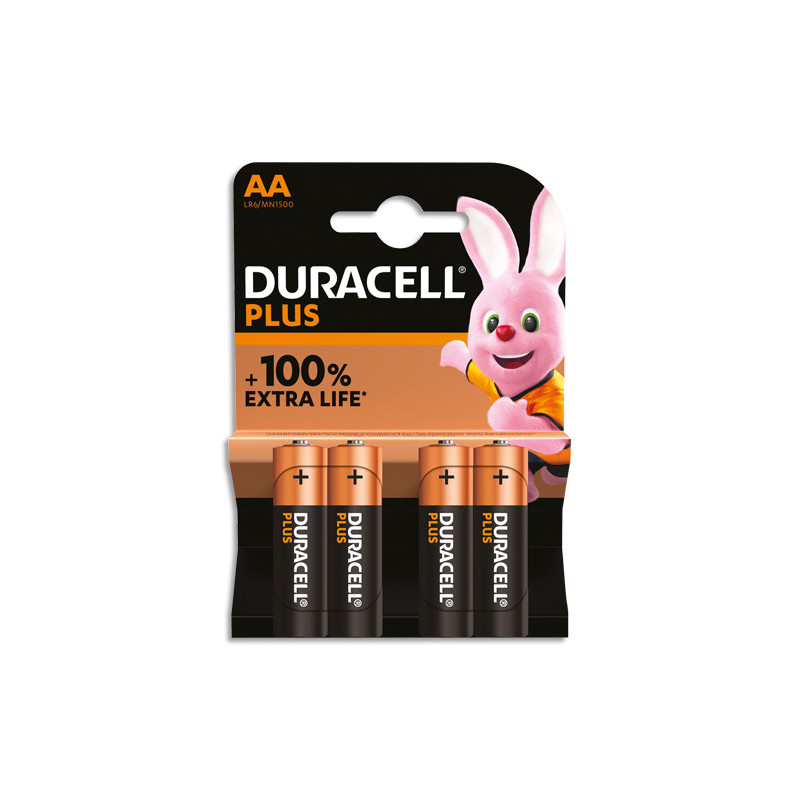 DURACELL Piles alcalines AA Plus 100%, 1,5V LR6 MN1500, lot de 4 piles