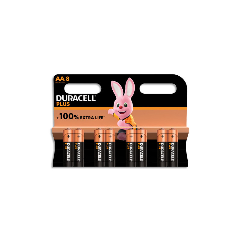 DURACELL Piles alcalines AA Plus 100%, 1,5V LR6 MN1500, lot de 8 piles