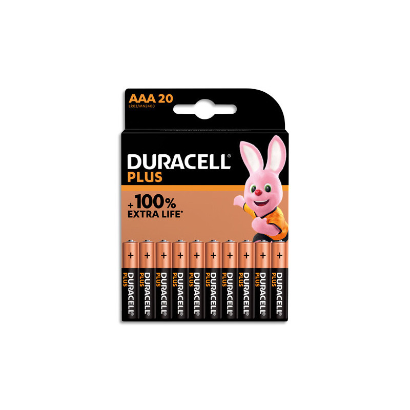 DURACELL Piles alcalines AAA Plus 100%, 1.5V LR03 MN2400, lot de 20 piles