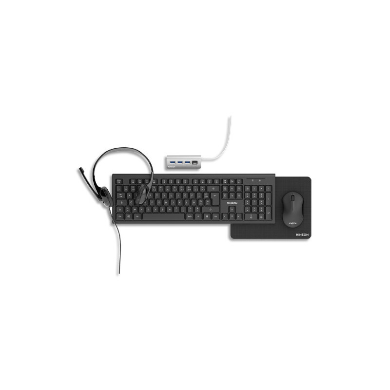 KINEON Pack de télétravail 5 en 1 contenant : souris, clavier, hub, tapis de souris et casque.