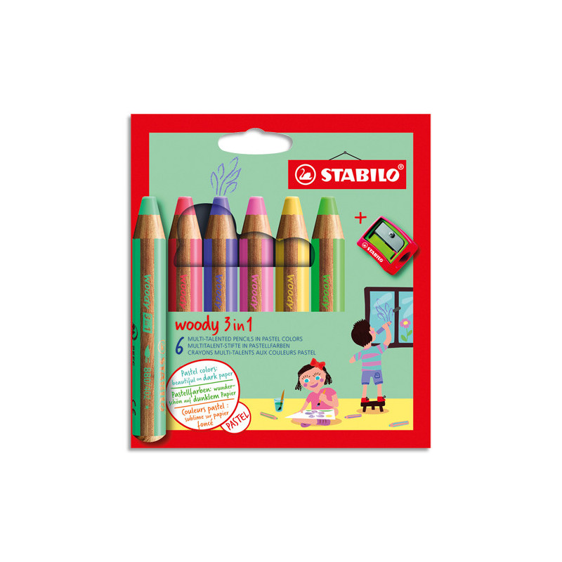 STABILO woody 3in1 crayon de couleur - Etui carton de 6 crayons + taille-crayon - Coloris pastel