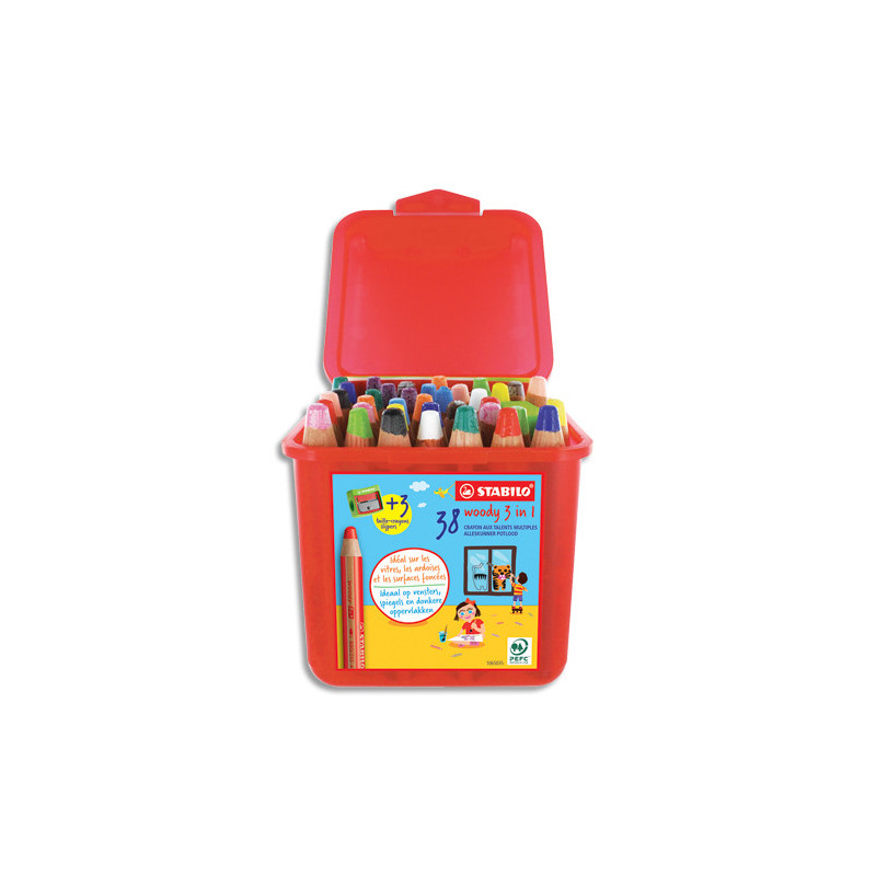 STABILO woody 3in1 crayon de couleur - Schoolbox de 38 crayons + 3 taille-crayons - Coloris assortis