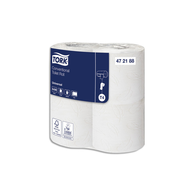 TORK Colis de 12 paquets de 4 rouleaux Papier toilette traditionnel Universal Blanc 2 plis 200 feuilles