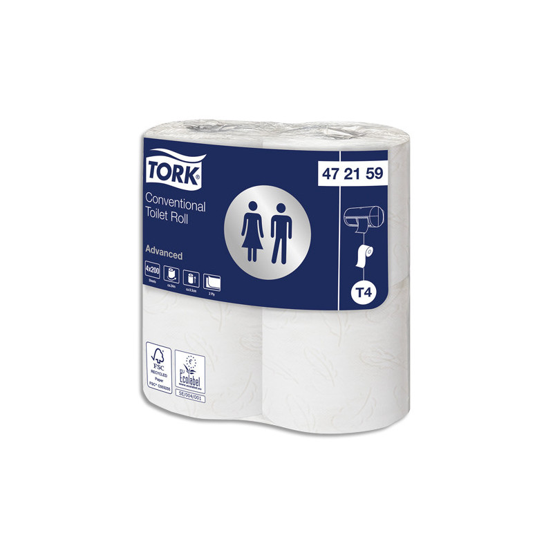 TORK Colis de 12 paquets de 4 rouleaux Papier toilette traditionnel Advanced Blanc 2 plis 200 feuilles
