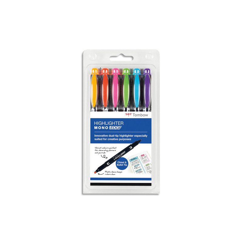 TOMBOW Pochette 6 surligneurs MONOEDGE 2 pointes fine/biseautée. Séchage rapide. Coloris assortis