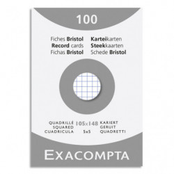 EXACOMPTA Etui de 100 fiches bristol non perforées 105x148mm (A6) quadrillées 5x5 Blanc