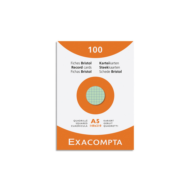 EXACOMPTA Etui de 100 fiches bristol non perforées 148x210mm (A5) quadrillées 5x5 assortis