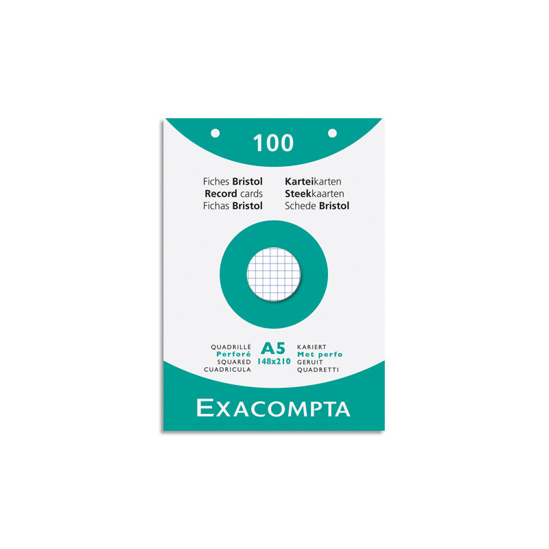 EXACOMPTA Etui de 100 fiches bristol perforées 148x210mm (A5) 5x5 Blanc