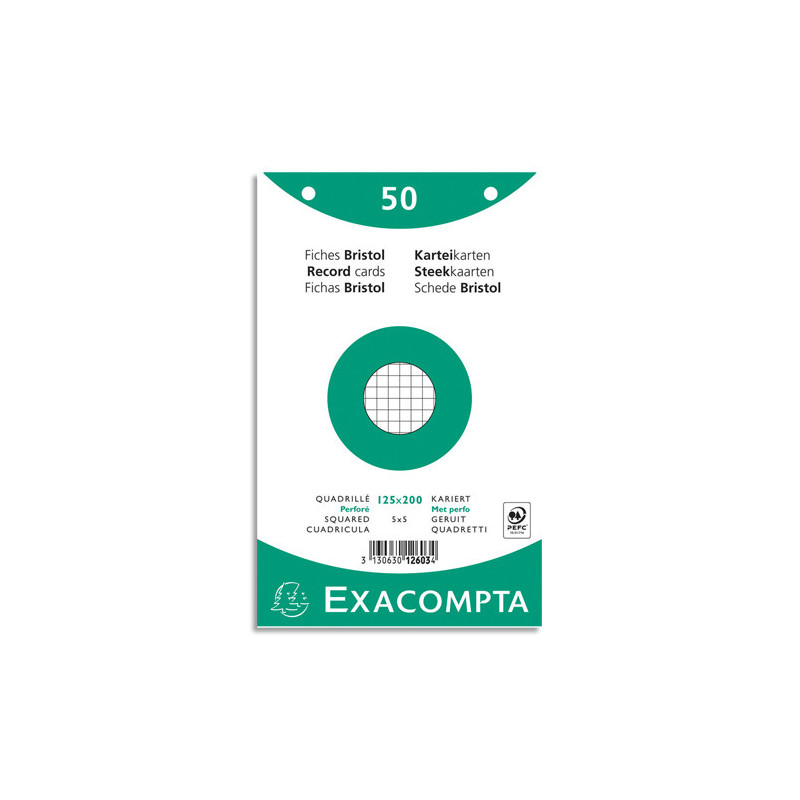 EXACOMPTA Sachet de 50 fiches bristol (sous-film) perforées 125X200mm quadrillées 5x5 Blanc