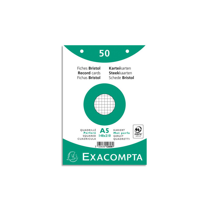 EXACOMPTA Sachet de 50 fiches bristol (sous-film) perforées 148x210mm (A5) quadrillées 5x5 Blanc