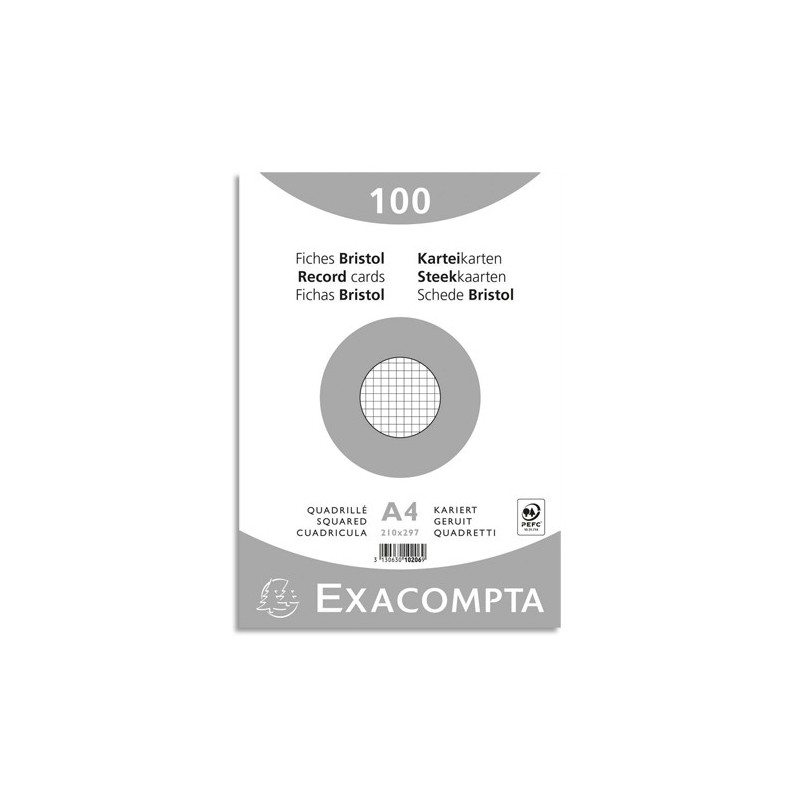 EXACOMPTA Sachet de 100 fiches bristol (sous-film) non perforées 210x297mm (A4) quadrillées 5x5 Blanc