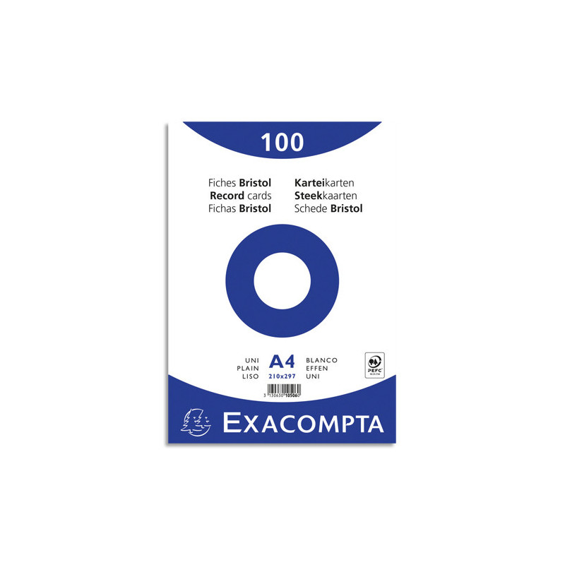 EXACOMPTA Sachet de 100 fiches bristol (sous-film) non perforées 210x297mm (A4) unies Blanc