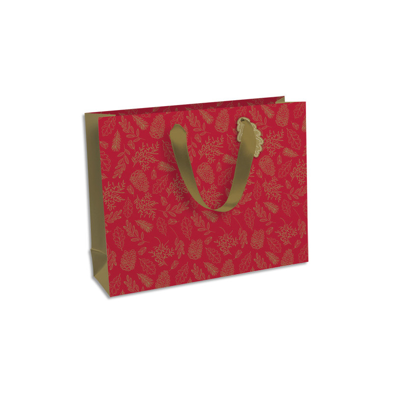 CLAIREFONTAINE Sac cadeau Fin d'année 37,3x11,8x27,5cm en carte 210g. Anses coton. Motif floral rouge/or