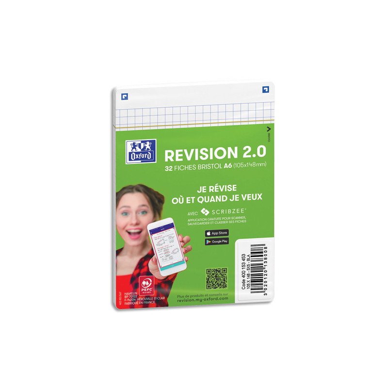 OXFORD Sachet de 32 fiches BRISTOL REVISION OXFORD 2.0 non perforées A6 250g 5x5 Blanc