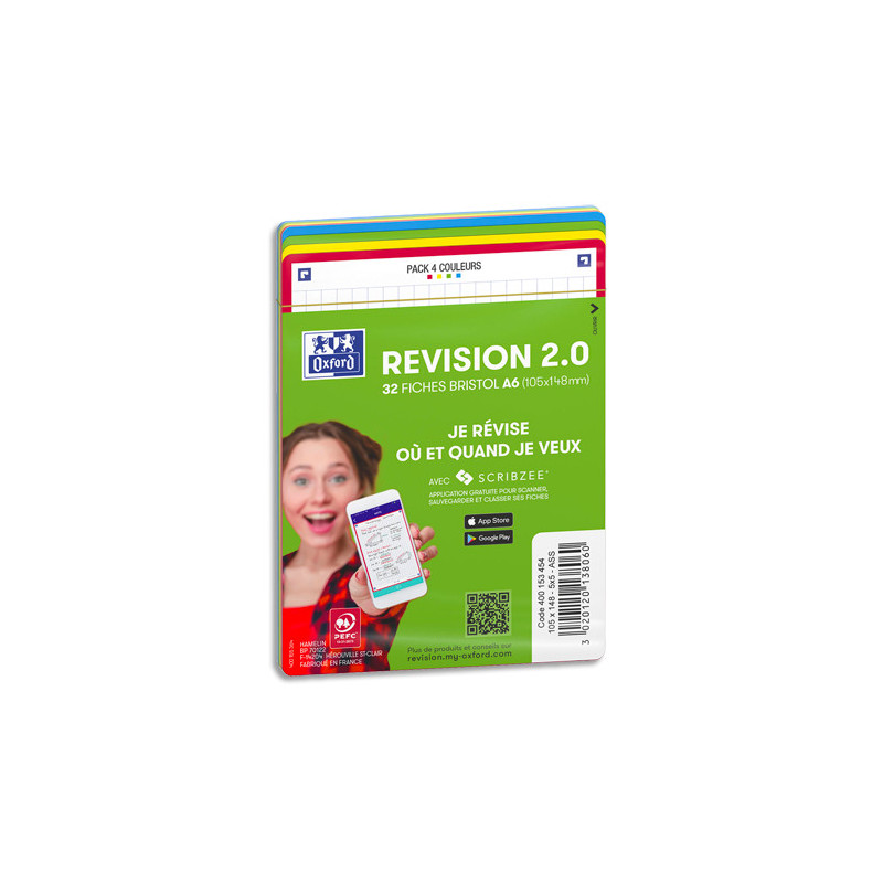 OXFORD Sachet de 32 fiches BRISTOL REVISION OXFORD 2.0 non perforées A6 250g 5x5 Assortis