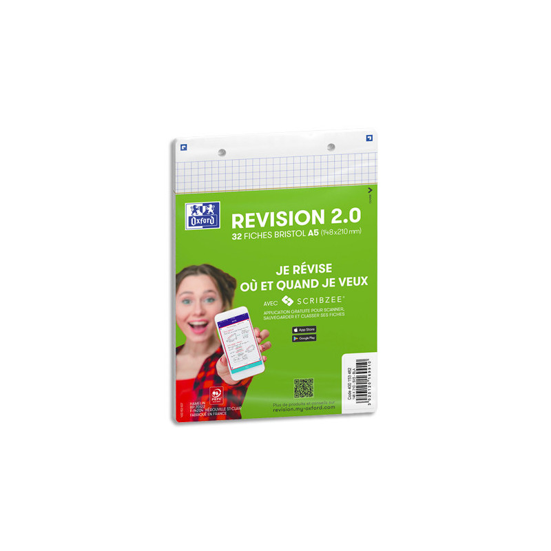 OXFORD Sachet de 32 fiches BRISTOL REVISION OXFORD 2.0 perforées A5 250g 5x5 Blanc