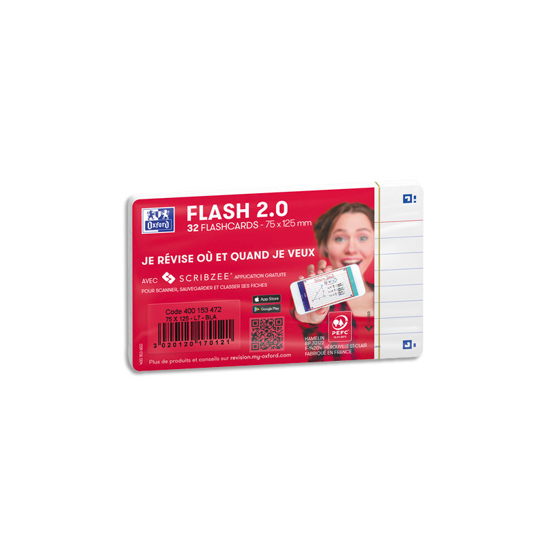 OXFORD Sachet de 32 fiches BRISTOL FLASH OXFORD 2.0 non perforées 75x125mm 250g lignées Blanc