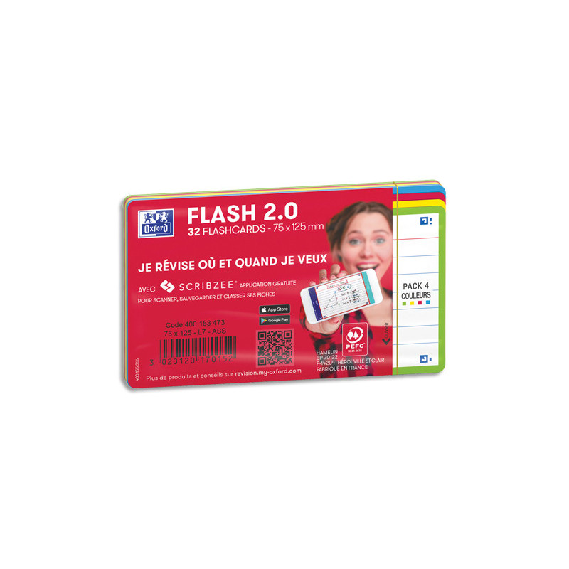 OXFORD Sachet de 32 fiches BRISTOL FLASH OXFORD 2.0 non perforées 75x125mm 250g lignées Assortis