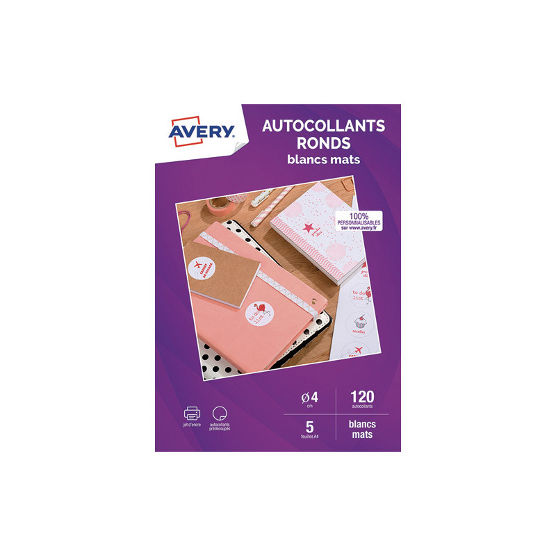 AVERY Sachet de 120 autocollants ronds blanc mat. Diamètre 4cm. Impression jet d'encre