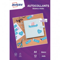 AVERY Sachet de 12 autocollants blancs mats A4. Impression jet d'encre