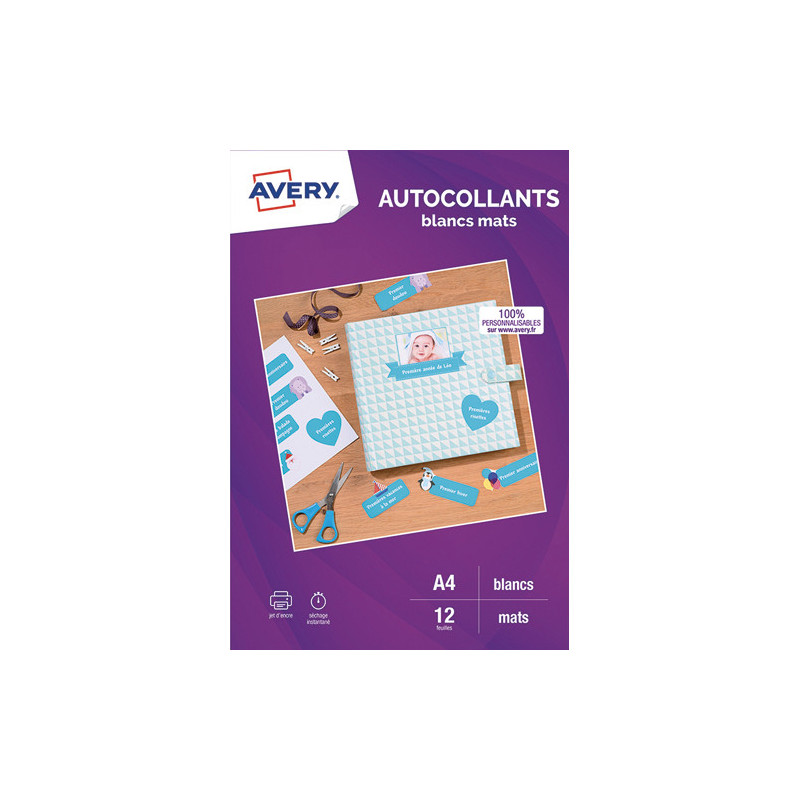 AVERY Sachet de 12 autocollants blancs mats A4. Impression jet d'encre