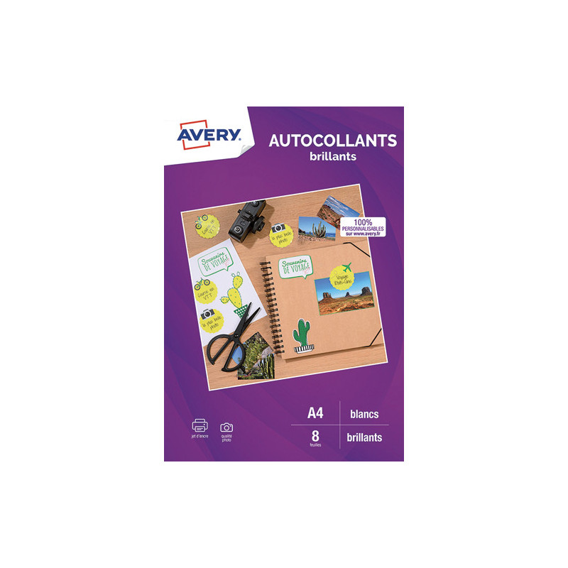 AVERY Sachet de 8 autocollants blancs brillants qualité photo A4. Impression jet d'encre