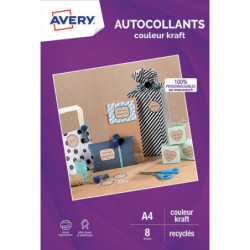 AVERY Sachet de 8 autocollants kraft brun recyclé A4. Impression jet d'encre et laser