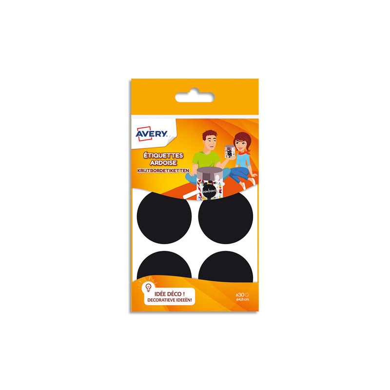 AVERY Sachet de 30 étiquettes ardoises noires diamètre 4,8cm. Pour craie ou marqueur craie