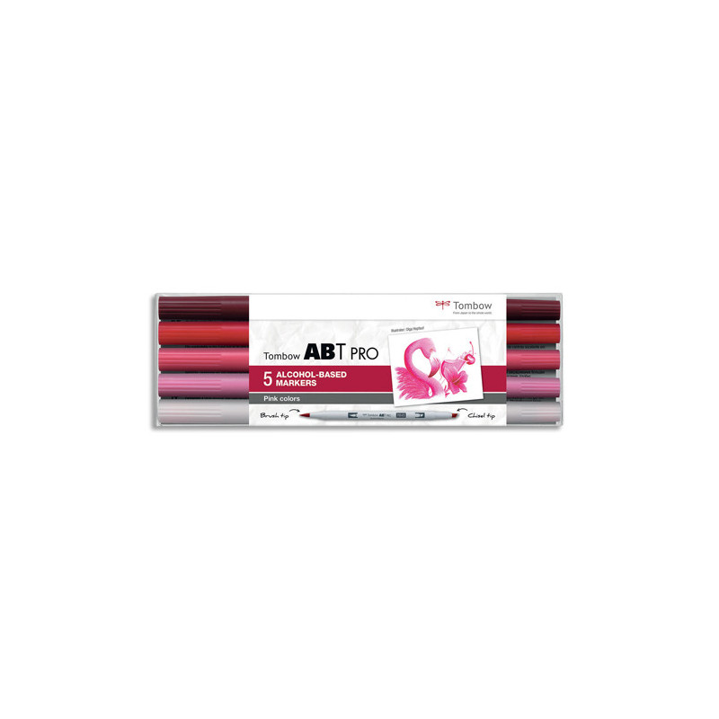 TOMBOW Set 5 marqueur à base d'alcool ABT PRO, pointe en nylon et pointe biseautée, Couleur rose.