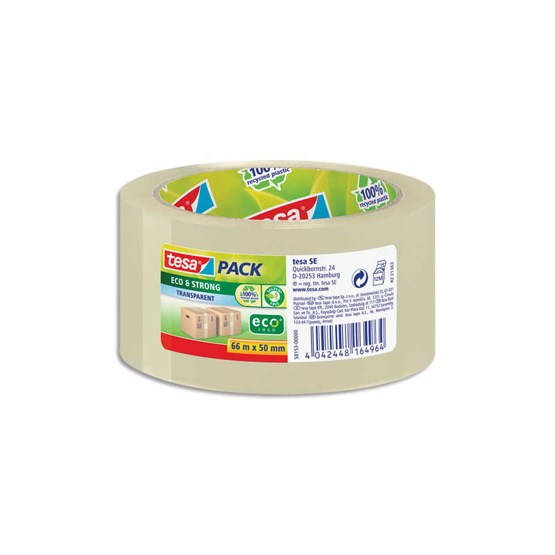 TESA Ruban adhésif d'emballage 100% de plastique recyclé transparent Eco & Strong sans solvant 66mx50 mm